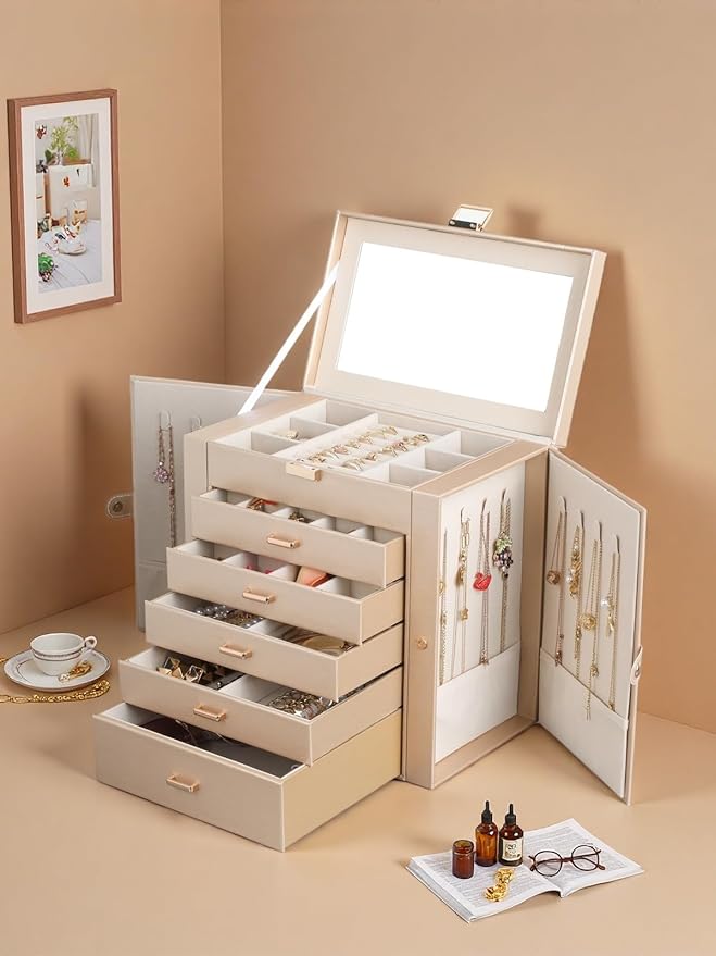 BOOVO Jewelry Box For women, 6 Layer Large Jewelry Organizer With Mirror, Multi-Function Storage Box With Lock, Necklace Hold