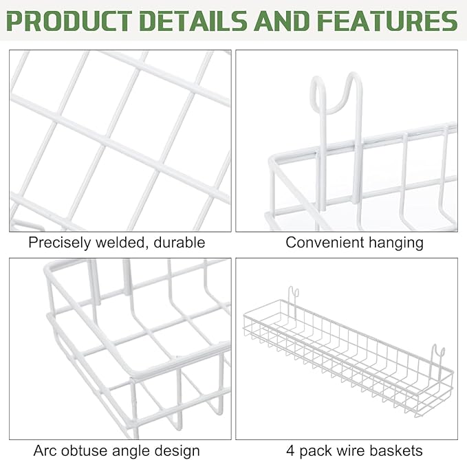 4 Pack 15.75 x 6 x 2.36 Inch Metal Grid Wall Baskets with Hooks, Hanging Wire Grid Basket, Multi-Function Wall Mounted Organi