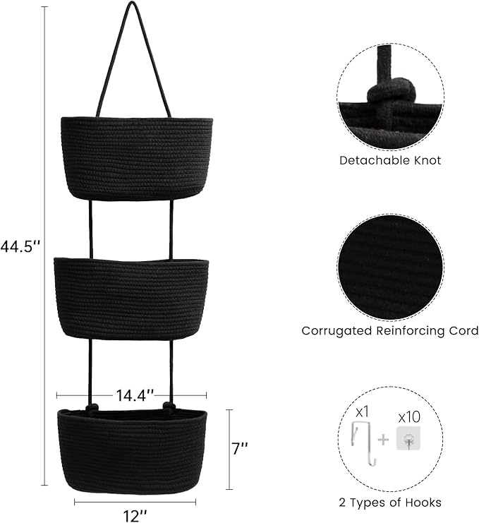 TeoKJ Over the Door Hanging Basket, 3-Tier Woven Cotton Wall-Mounted Storage Organizer Bag Decorative Hanging Nursery Baskets