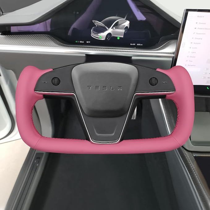 MEWANT Hand Stitched Pink Leather Tesla Model S Yoke Steering Wheel Cover Wrap for Tesla Model S 2021-2023 / Model X 2021-2023 Tesla Yoke Steering Wheel Accessories