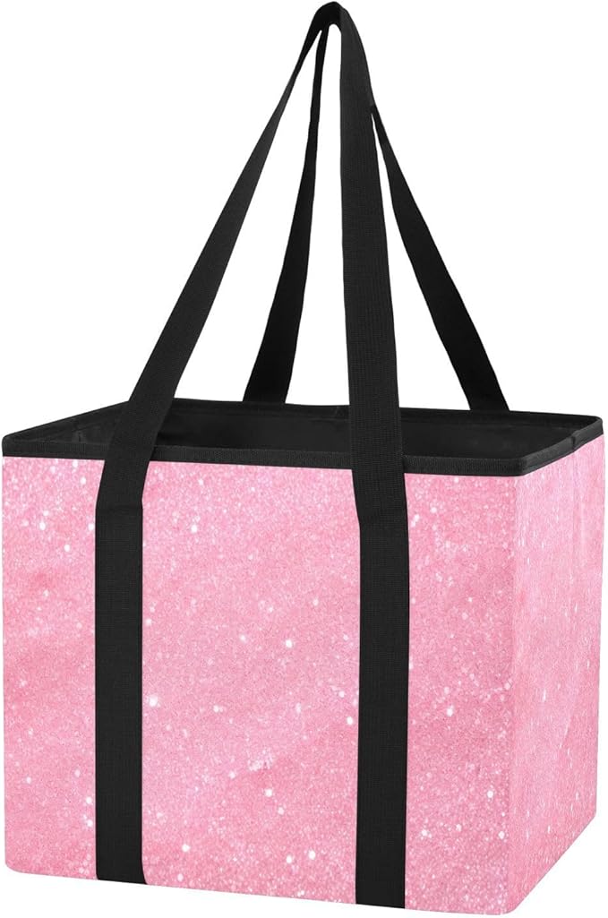 Pink Glitter Texture Reusable Grocery Bags Large Shopping Tote Bag with Reinforced Bottom Board, Water Resistant Foldable Sto