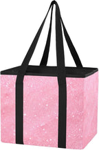 Pink Glitter Texture Reusable Grocery Bags Large Shopping Tote Bag with Reinforced Bottom Board, Water Resistant Foldable Sto