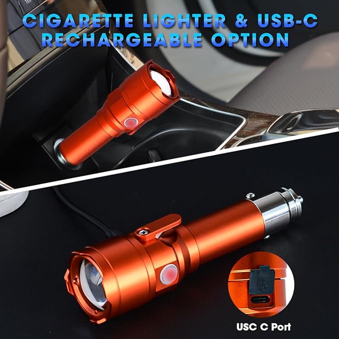 Small RGBW Flashlight Rechargeable with 12 Volt Car Cigarette Lighter & USB C for Auto Vehicles Emergency, Car Escape, Outdoo