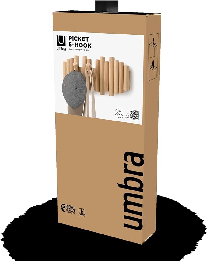 Umbra Picket Coat Rack Wall Mount – 5 Flip-Down Wood Coat Hooks, Modern & Functional Storage, Easy Install Wall Hooks, Natura