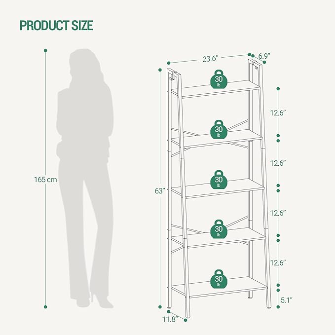 Hzuaneri Ladder Shelf, Bookshelf Bookcase, Freestanding Corner Storage Shelve with 2 Hooks for Home Office, Living Room, Kitc