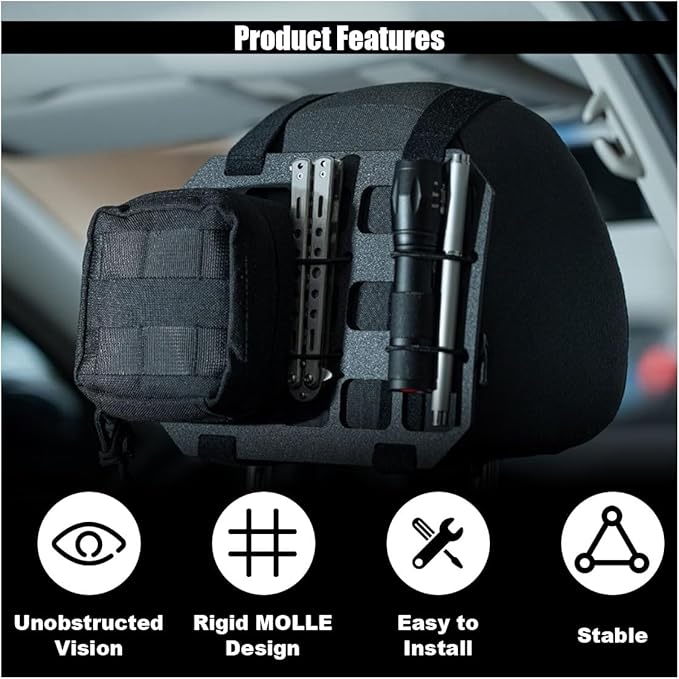 Car Headrest Organizer Rigid MOLLE Panel, Tactical Gear Seat Back Organizer, EDC Pouch Tool Gadget Holder, Backpack Insert Panel for Truck Equipment Mount Plate Modular Storage Shelf (Headrest Panel)