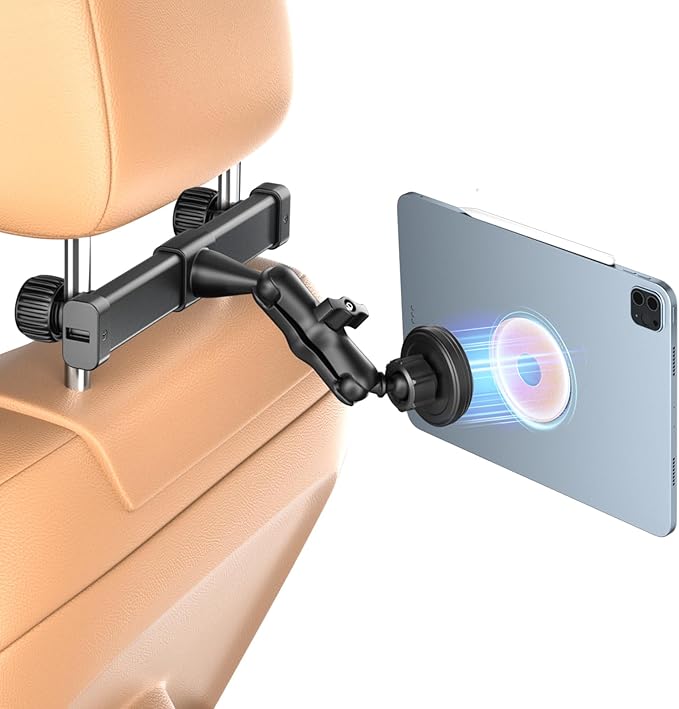 OHLPRO Magnetic Headrest Tablet Holder with 360° Adjustable Arm for Car Back Seat iPad Mount Fit for Magsafe Phones Tablet iPad Pro Air Mini Galaxy Tab and Devices, Road Trip Essentials for Kids