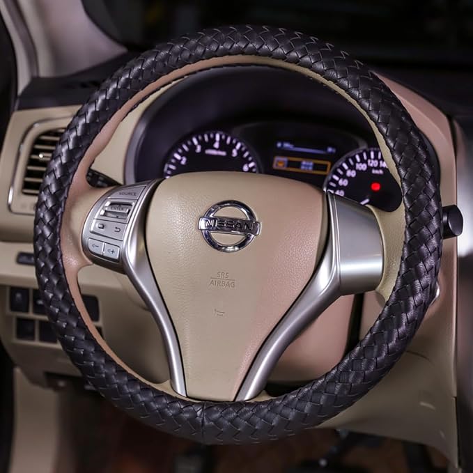 Carwales Car Leather Steering Wheel Cover Men Luxury Black Hand-Made Wrap Hand Woven Universal 14.5-15 Inch