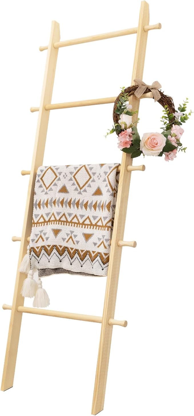 5-Tier Blanket Ladder – 4.8 Ft Wall Leaning Quilt Rack, Farmhouse Blanket Storage for Living Room, Bedroom & Bathroom – Rusti