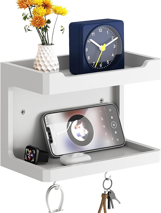 NiHome Large Wall Mounted Wooden Bedside Organizer, Double Storage Shelves & Magnetic Hooks, Solid Wood Bedside Shelf for Pho