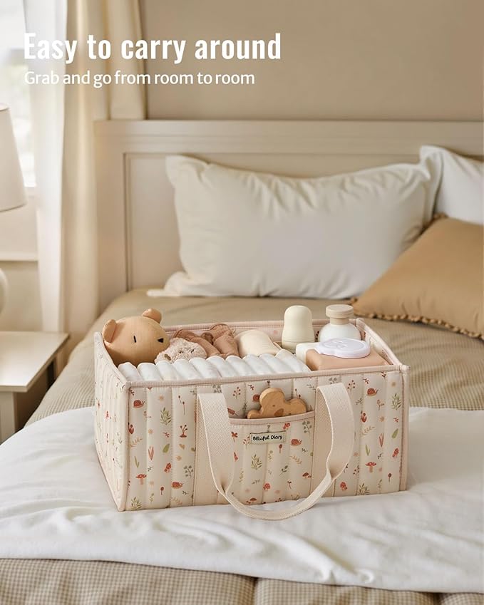 Blissful Diary Woodland Diaper Caddy Organizer, Stylish Nursery Storage Basket, Gift for Baby Shower, Newborn Essentials, Woo