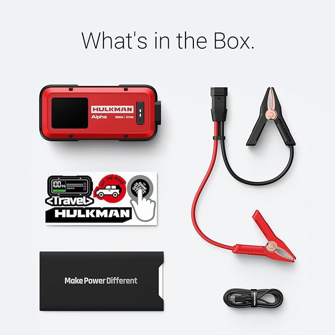 Hulkman Alpha,Ultra Red,1000A 37Wh Jump Starter, Portable, Stylish,12V Jump Box with Jumper Cables,45-Min Full Recharge,24-Month Standby,3-Step Easy Start,IP65,LED Display,for 6.5L Gas/3.0L Diesel