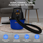 Koblenz WD-2.5L Portable Wet Dry Vacuum, 2.5-Gallon 2.5 PHP Suction Plus Blower Vacuum Cleaner for Liquids, Dust, Pet Hairs, 