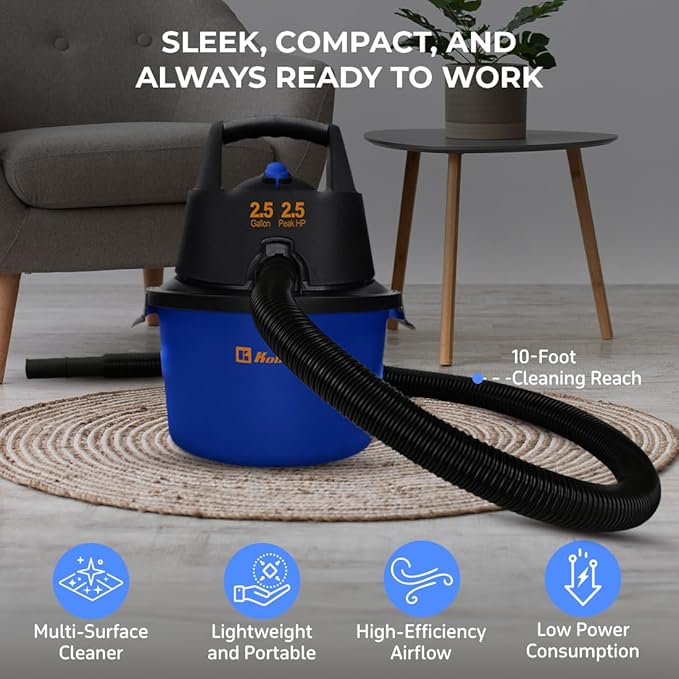 Koblenz WD-2.5L Portable Wet Dry Vacuum, 2.5-Gallon 2.5 PHP Suction Plus Blower Vacuum Cleaner for Liquids, Dust, Pet Hairs, 
