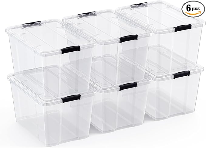 Lifetime Appliance Parts 6 PACK 34 Qt. Plastic Storage Bin Tote Organizing Container with Ultra Durable Lid & Secure Latching