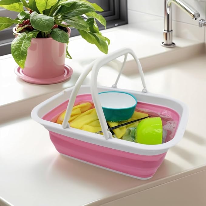SAMMART 9.2L (2.37Gallon) Collapsible Tub with Handle - Portable Outdoor Picnic Basket/Crater - Foldable Shopping Bag - Space Saving Storage Container (1, White/Pink)