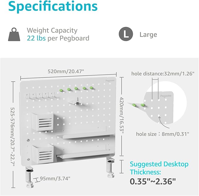 PEGZONE Clamp-on Desk Pegboard, Desk Organizer for Office Gaming Home, Magnetic Metal Peg Board with 15 Accessories, Privacy 