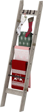 Hzuaneri Blanket Ladder for Living Room, Decorative Quilt Rack with 4 Removable Hooks, 6-Tier Farmhouse Ladder Holder Shelf O