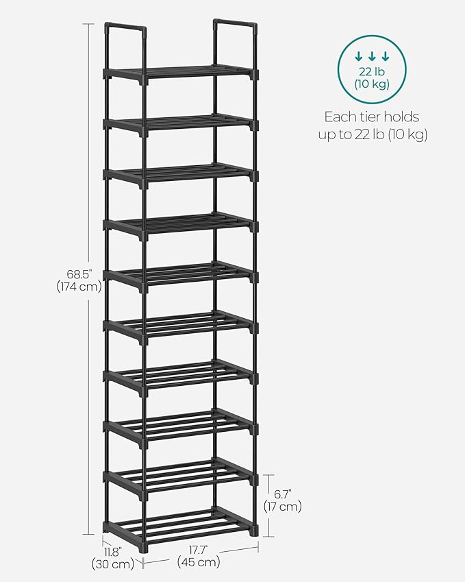 SONGMICS Shoe Rack, 10-Tier Shoe Organizer, Metal Storage Shelf, Upright or Upside Down, for 11-22 Pairs, for Entryway, 11.8 