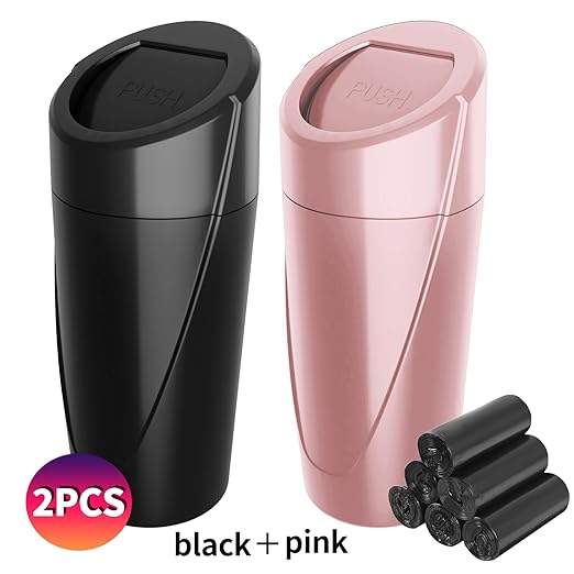 Car Trash Can with 90 Free Garbage Bags - Waterproof, Lid-Closed, Easy-to-Clean Cup Holder Trash Can, Ideal for Car Organization (Black & Pink Combo, 2-Pack, Perfect for Home, and Travel)