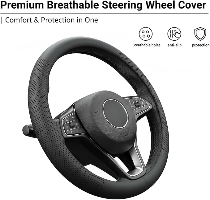 Leather Steering Wheel Cover for Chevy Silverado 1500 2500 3500, 14.5-15 inches Car Steering Wheel Cover, Black