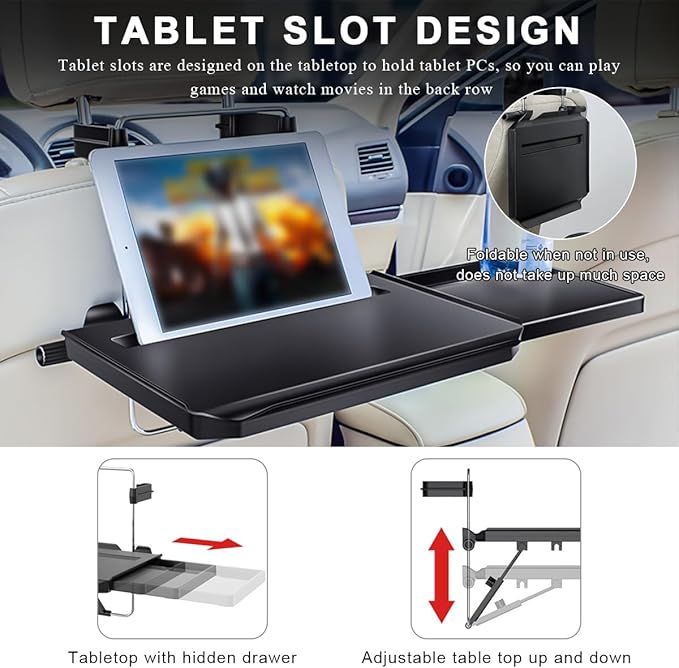 2 in 1 Car Steering Wheel Tray, Car Desk Back Seat Headrest Tray for Eating Food and Writing Laptop Work, Adjustable Car Food Table for Car SUVs Trucks Vans, Car Accessories