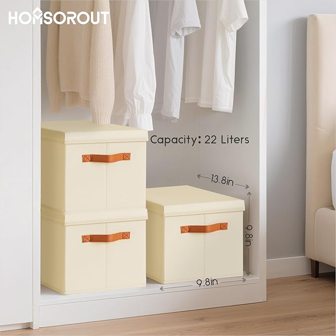 Homsorout Storage Bins with Lids - Fabric Storage Baskets for Shelves, 4 Pack Foldable Decorative Boxes with Handles, Stackab
