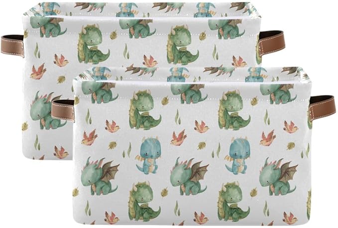 xigua Cute Dragon Storage Basket Collapsible Storage Bins Waterproof Canvas Storage Basket with Leather Handles for Home Clos