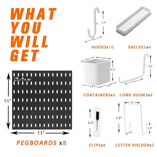 Pegboard Combination Kit, 8 Peg Boards and 30 Accessories Modular Hanging Black Pegboard for Wall, Office Organizer, Keys Hol