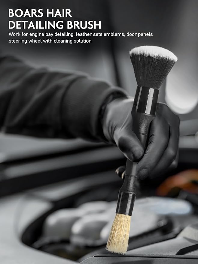 Fantasticlean 9PCS Car Interior Detailing Set, Microfiber Cloth & Applicator, Double-Head Detailing Brushes, Natural Bristles