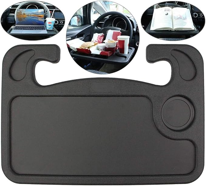 Steering Wheel Desk, Auto Car Steering Wheel Tray for Laptop, Food, Drink, Black ABS Material