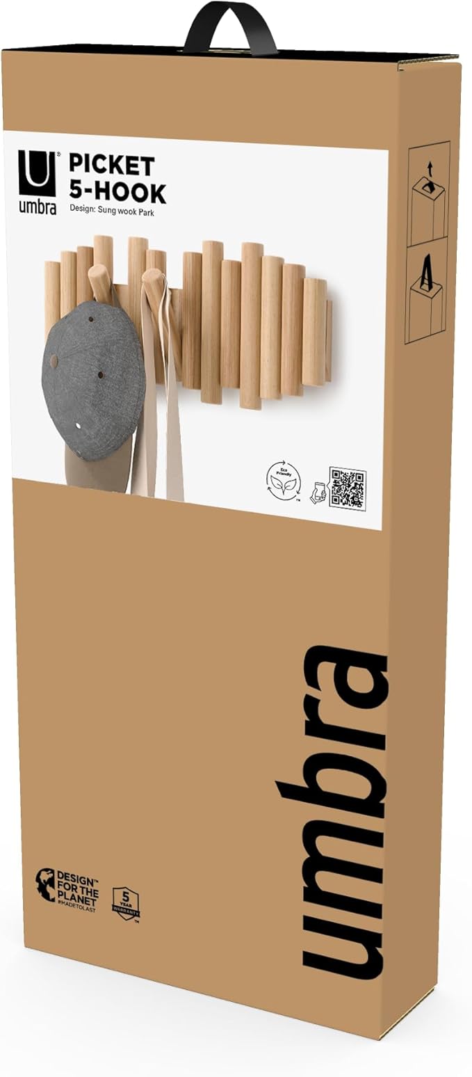 Umbra Picket Wall-Mounted Coat Rack Rail Hook with 5 Retractable Wood Pegs – Modern, Space-Saving Storage Organizer, Natural 