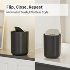 MRBIN Desk Mini Car Trash Can, 0.4 Gallon Table Top Plastic Waste Basket with Stainless Steel Lid, Small Garbage Bin for Bedroom, Coffee Bar, Vanity Countertop, Black
