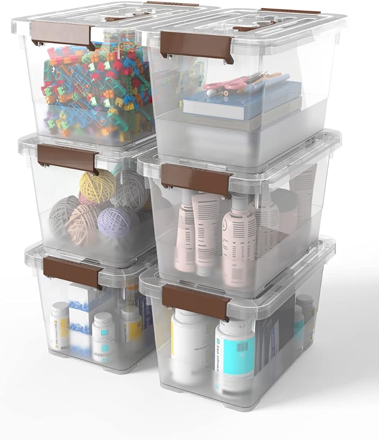 WYT 6-Pack Clear 7 Quart Storage Latch Box/Bins, Plastic Stackable Latching Box with Brown Handle and Lid, Multi-Purpose, 7 L