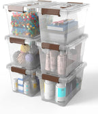 WYT 6-Pack Clear 7 Quart Storage Latch Box/Bins, Plastic Stackable Latching Box with Brown Handle and Lid, Multi-Purpose, 7 L
