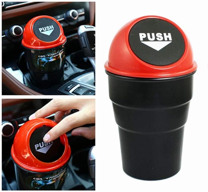 Car Trash Can with Lid, Automotive Cup Holder Mini Vehicle Garbage Can Trash Bin for Car Office Home Bedroom (Red 2 Pack)