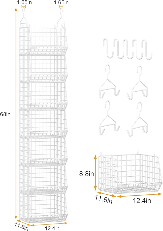 7 Tier Hanging Closet Organizer and Storage, Foldable Wire Closet Shelving with 4 Large Hooks+5 S Hooks,Hanging Basket for Cl