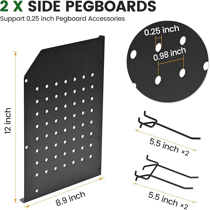 TRZZ Power Tool Organizer Wall Mount, 3-Layer Drill Holder with 2 Side Pegboards, Cordless Drill Rack with 4 Hooks, Efficient