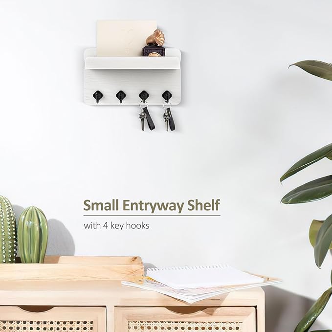 Nekon Key Holder Wall Mount, 8.5 Inch Small Home Decor Wooden Wall Organizer with 4 Hooks and Shelf, Key and Mail Holder for 