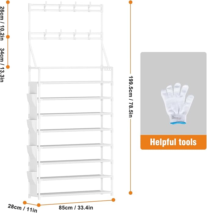 OYREL Shoe Rack 8 Tier Large Shoe Organizer Storage 32-40 Pairs Metal Shoe Storage Rack with Hooks and Side Pocket for Entran