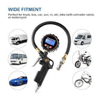 CZC AUTO Digital Tire Inflator Pressure Gauge, LED Display Tyre Deflator Gage with Straight Brass Lock-on Chuck Rubber Hose, Compatible with Air Pump Compressor for Truck Bus RV Car Motorcycle Bike