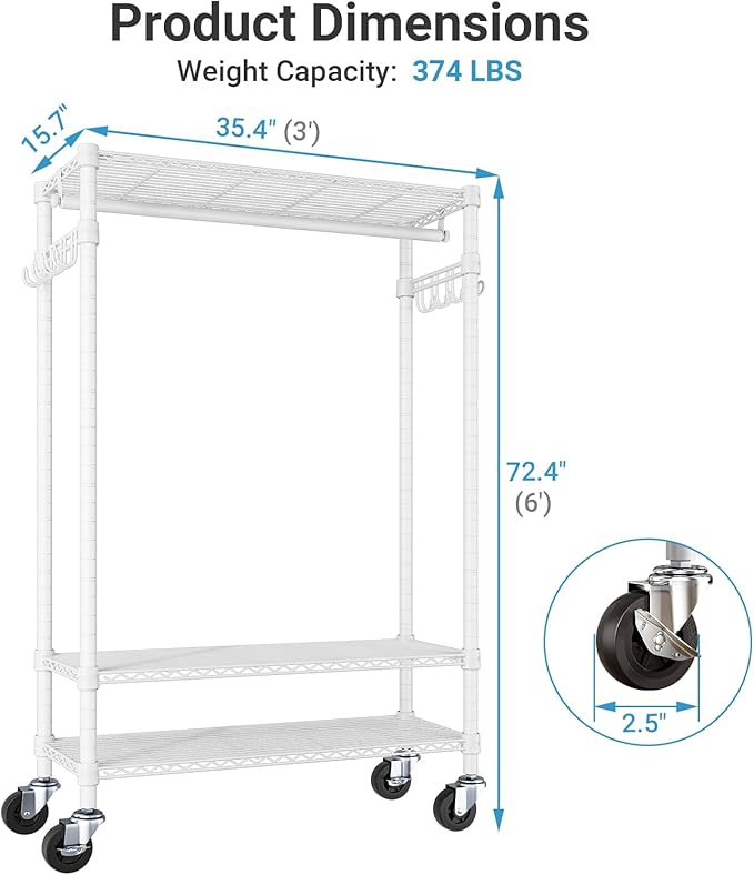 VIPEK R3 Rolling Clothing Rack Heavy Duty Garment Rack for Hanging Clothes, Portable Closet Wardrobe with Wheels and Side Hoo