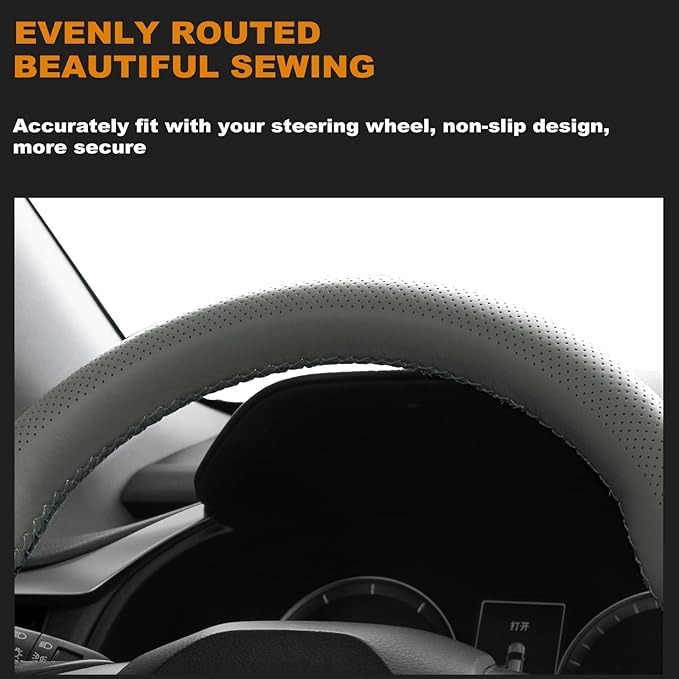 AUTOXBERT 38cm/15 Inch Genuine Leather DIY Steering Wheel Cover Soft Hand Sewing On Wrap Cover with Needles Thread fit for VW