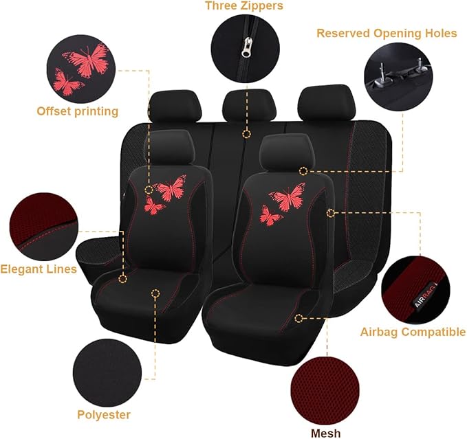 Flying Banner Butterfly car seat Covers ful Set Fashion Universal Lady Woman Female Rear Bench Split Colorized (Full Set, Red