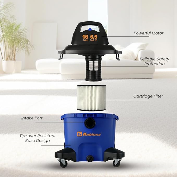Koblenz Wet Dry Vacuum Cleaner, Large 16.0 Gallon Tank, 6.5 HP Powerful Vacuum for Dry and Wet Messes, Vacuum Cleaner and Blo