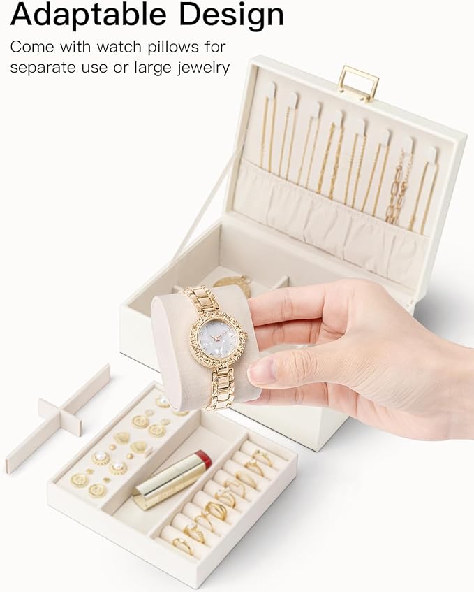 Vlando Jewelry Organizer,2 Layer Jewelry Box Large Jewelry Organizer for Women Removable Jewelery Tray with Watch Pillow for 