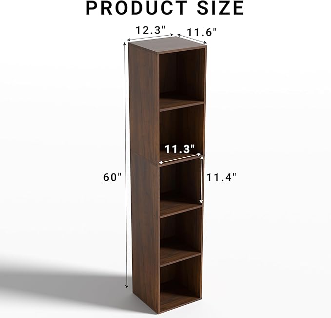 5 Cube Storage Organizer, Narrow Open Shelf Bookcase, Freestanding 5 Tier Low Display Bookshelf for Home Office, Living Room,