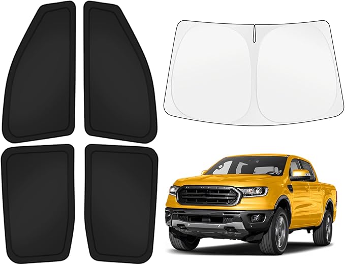 KUST Car Window Shades for Ford Ranger 2019-2025 2026 4-Door Windshield Sun Shade Side Window Cover UV Block Privacy Protection Ranger Accessories for Camping Blackout Rear Back Full Set 5PCS