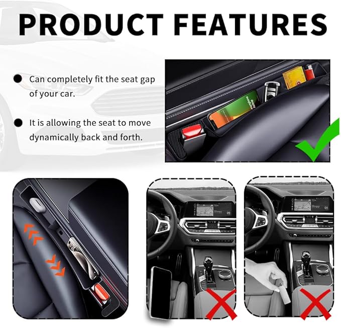 2PCS New Car Seat Gap Filler with 2 Storage Areas,Stylish Car Seat Gap Storage for Stabilizing Phone,Keys Wallet,Universal Car Seat Gap Filler Organizer Interior Accessories (Carbon Black)