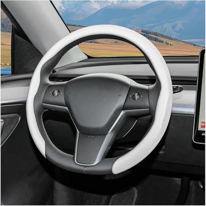Car Nappa Leather Steering Wheel Cover, 15" Fashionable 5D Anti-Slip Vehicle Steering Wheel Protector, Breathable Auto Interi